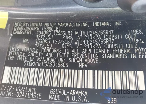 2010 Toyota Highlander Se V6 из США, поврежденный, VIN 5TDKK3EH6AS019606